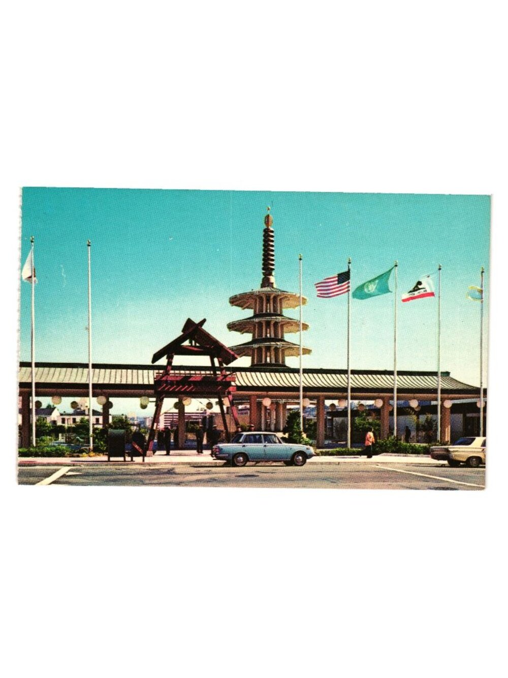 San Francisco Postcard Peace Pagoda Japanese Cultural Center Flags Cars Vintage